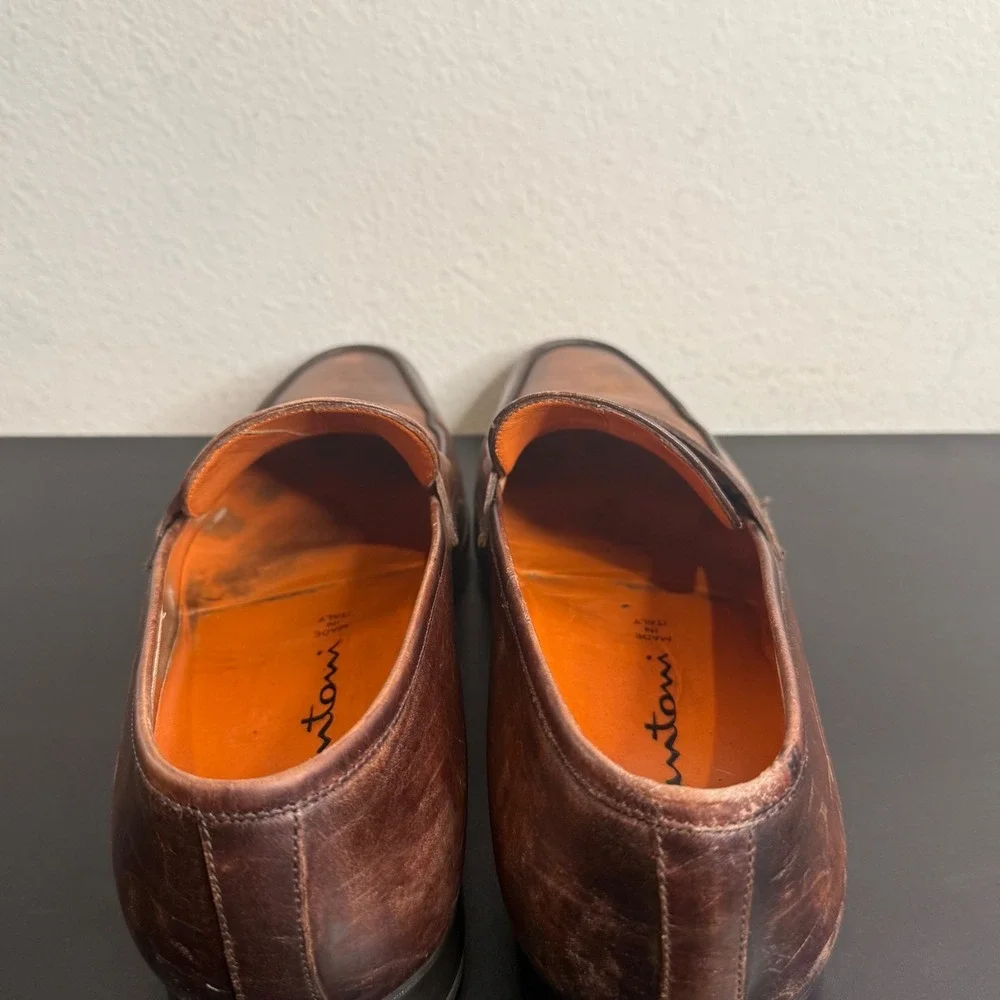 Santoni Penny Loafer Mens 11.5 Brown Leather Burnished Apron Toe Made in Italy